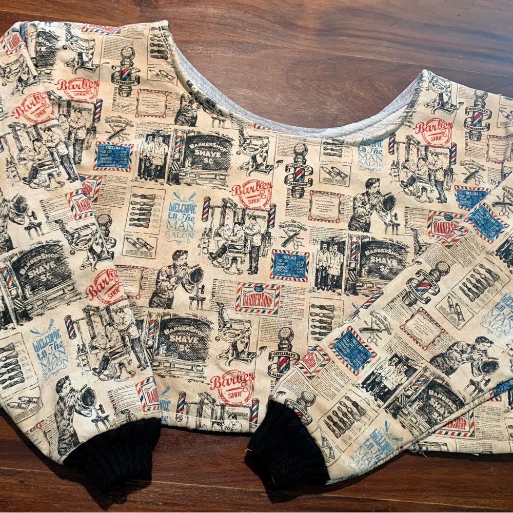 Handmade cropped sweatshirt with Barber theme.